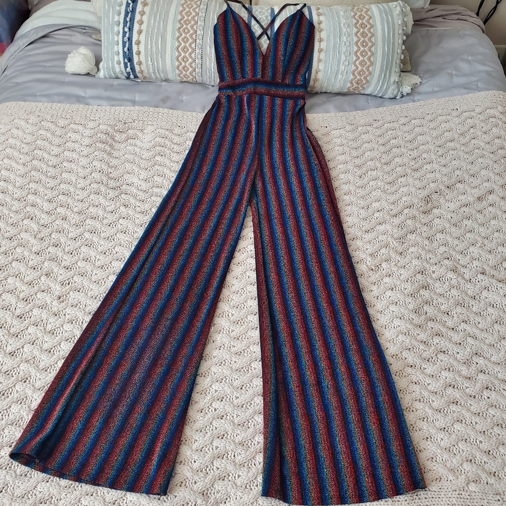 Striped Multicolor Retro 70s Inspired Jumpsuit - Picture 1 of 16